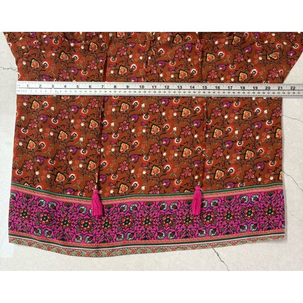 DR2 by Daniel Rainn Boho Floral Tassel Blouse M Short Sleeve Rust Pink Peasant - Picture 8 of 10